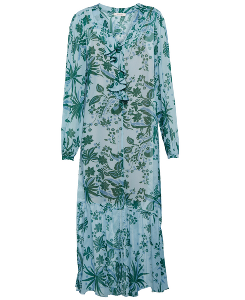 The Dorothee Schumacher Blooming Blend Dress by Dorothee Schumacher is a long-sleeved, ankle-length light blue dress adorned with a green floral print and featuring ruffled accents at the V-neckline and the lower part of the skirt.