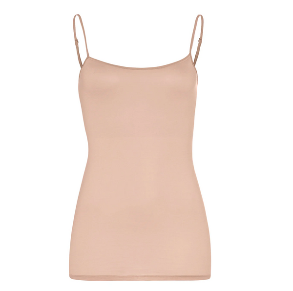 A beige Hanro Ultralight Spaghetti Camisole by Hanro USA, featuring a seamless design with adjustable straps, displayed against a white background.