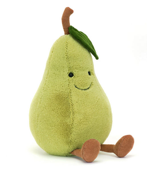 Introducing the Jellycat Amuseables Pear: a plush toy from Jellycat shaped like a green pear with a smiling face, a small brown stem, a green leaf on top, and chocolate cord boots. This adorable pear makes the perfect kitchen mascot!