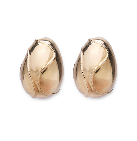 A pair of Lizzie Fortunato Mini Arp Rope Earrings featuring gold-plated, curved, rose petal-shaped designs with a smooth surface and detailed edges.