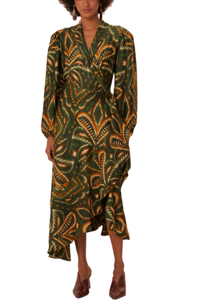 Farm Rio Pineapple Ikat Green Long Sleeve Midi Dress