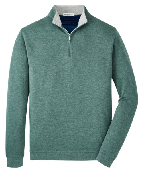 Peter Millar Crown Comfort Pullover: Men's classic fit green quarter-zip sweater with a gray inner lining from Peter Millar, providing a lightweight layer, shown against a white background.