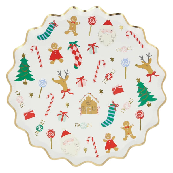 The Meri Meri Jolly Christmas Side Plates, featuring scalloped edges adorned with festive illustrations such as gingerbread people, candy canes, and Santa faces, are enhanced with gold foil details. These plates are an ideal addition to any Christmas paper plate collection and will surely dazzle at any festive party.