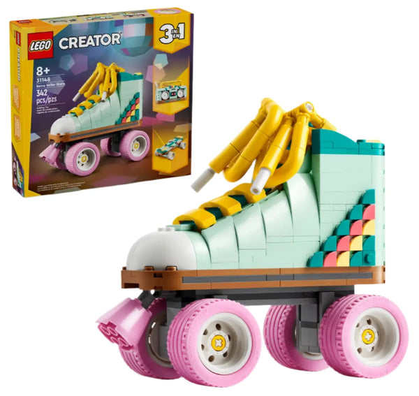 A LEGO® Creator Retro Roller Skate building set by Legos - Toyhouse, featuring a vibrant, retro roller skate model with pink wheels displayed next to its box.