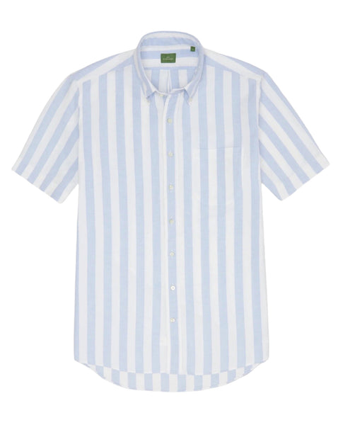 A Sid Mashburn Short-Sleeved Button-Down Sport Shirt with white and light blue vertical cabana stripes, featuring a nonfused button-down collar and a chest pocket, exuding a relaxed Beach Boys vibe.