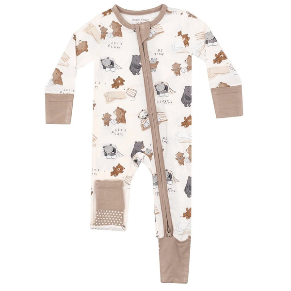 The Angel Dear 2-Way Zipper Romper is a white baby sleeper crafted from bamboo fiber fabric, featuring long sleeves and a convenient 2-WAY zipper closure. Decorated with Angel Dear's signature prints of cartoon animals such as bears and raccoons, this romper also includes brown accents on the sleeves and feet.