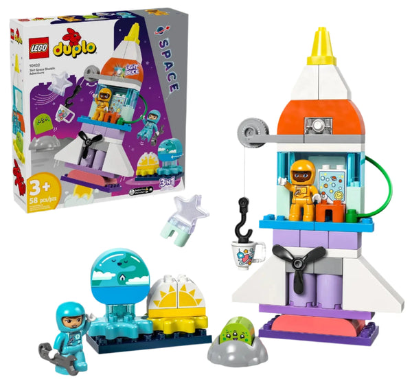 Here is the rewritten sentence using the given product data: 

The LEGO® DUPLO® 3in1 Space Shuttle Adventure set from Legos - Toyhouse is designed for children aged 3 and up. It includes a versatile rocket, three astronaut figures, and various accessories. On the left, the packaging showcases the fully assembled set along with its components.