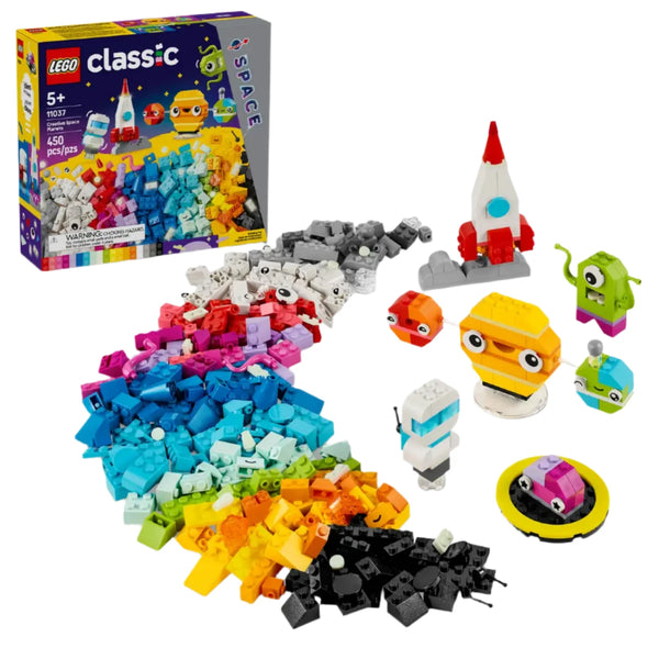 The LEGO® Classic Creative Space Planets kit by Legos - Toyhouse, featuring 450 vibrant pieces, includes completed space-themed models like a rocket, astronaut, alien, and small creatures. Some of the bricks even glow in the dark! This set is perfect for young builders aged 5 and up.