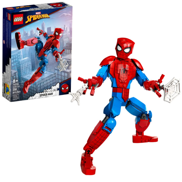 LEGO® Spider-Man Figure from Legos - Toyhouse, complete with box. This dynamic figure comes with two web pieces, ideal for reenacting Marvel Universe scenes. The box prominently displays the "Marvel Spider-Man" logo and details: 258 pieces, suitable for ages 8 and up.