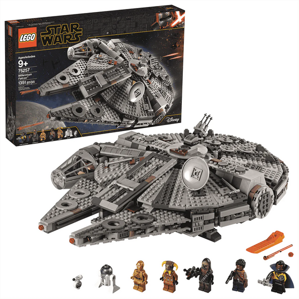 Introducing the LEGO® Star Wars Millennium Falcon set from Legos - Toyhouse, which includes the iconic Corellian freighter and six detailed minifigures. The packaging highlights product details and illustrations of the assembled spacecraft against a stunning space backdrop, inspired by Star Wars: The Rise of Skywalker.