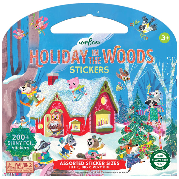 A package labeled "eeBoo Holiday in the Woods Shiny Stickers" from Eeboo, featuring adorable animal characters in a snowy forest scene. The package includes over 200 shiny foil stickers in assorted sizes, perfect for imaginative narrative sticker play, and is recommended for ages 3 and up.