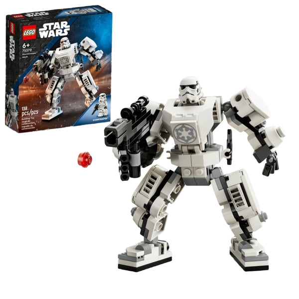 The LEGO® Star Wars Stormtrooper™ Mech set from Legos - Toyhouse features a highly posable Stormtrooper Mech figure armed with a weapon. The packaging highlights this impressive mech and includes set number 75370, comprising 138 pieces. It is suitable for ages 6 and up.