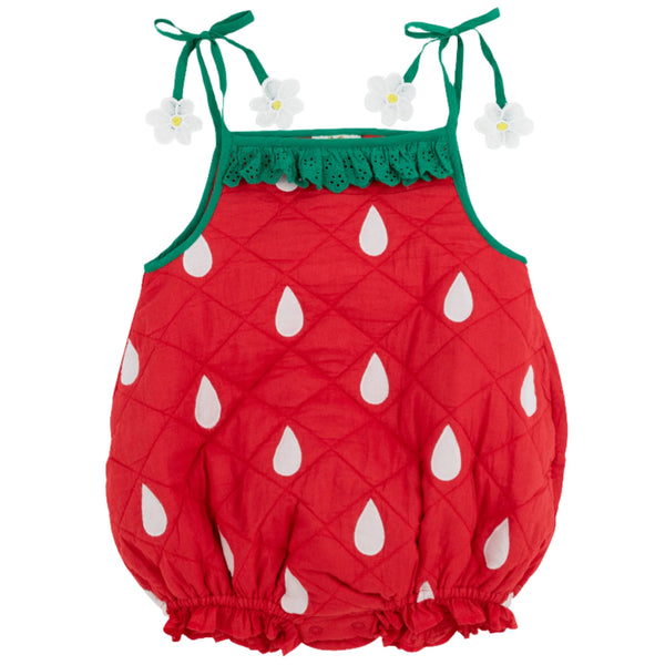 The Beaufort Bonnet Company's Strawberry Bubble Halloween Costume features a red romper with white polka dots and white flower decorations on green straps, resembling a strawberry. It is perfect for a Strawberry Happy Halloween Costume and is made from 100% Cotton Voile by The Beaufort Bonnet Company.