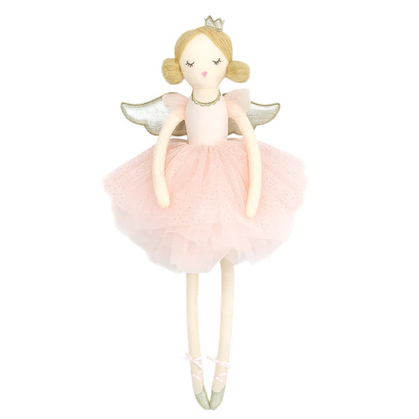 The MON AMI Sugar Plum Fairy by Mon Ami captivates with its delicate ballet dancer charm, featuring a fabric doll adorned in a pink tulle dress, complete with wings and a crown.