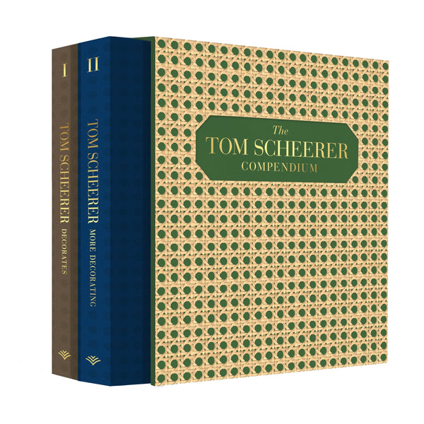 Image of two books titled "Tom Scheerer Decorates" and "Tom Scheerer More Decorating," placed together in a decorative slipcase labeled "The Tom Scheerer Compendium" by Vendome, showcasing the elegant simplicity of Tom Scheerer's relaxed modernism in American interior design.