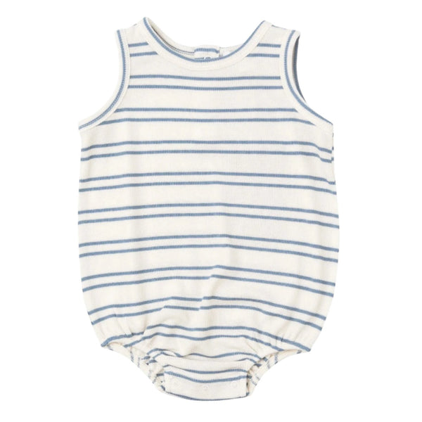 The Angel Dear Rib Tank Bubble by Angel Dear is a sleeveless baby bodysuit featuring blue and white horizontal stripes and snap closures at the bottom. It is crafted from a soft blend of modal and spandex, and for best results, it should be washed in cold water.