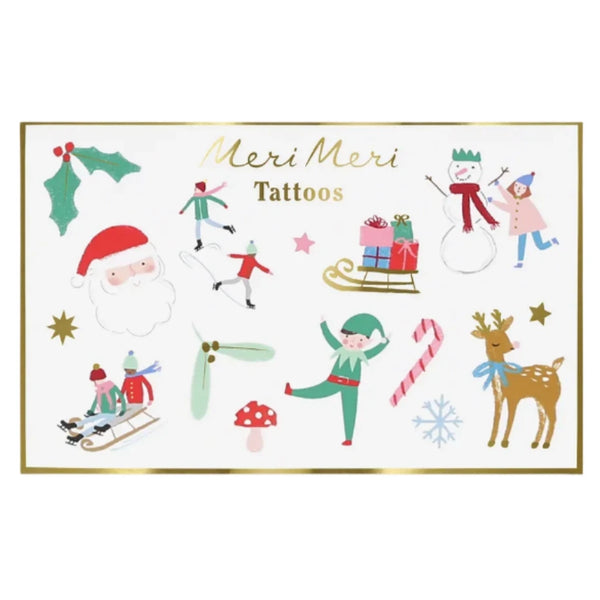 Introducing the Meri Meri Mixed Icon Christmas Temporary Tattoos, a delightful collection of festive designs including Santa, elves, a snowman, and holiday-themed icons such as a candy cane, sleigh, and reindeer. These are perfect as accessories for Christmas celebrations or party favors.