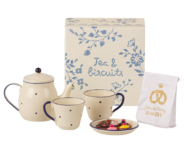 Maileg Mail Tea & Biscuits for Two, featuring a ceramic teapot, two polka-dotted mugs, a plate with assorted pastries, a white paper bag labeled "Danish Pastry Bakery," and a box with "Tea & biscuits" written on it—all perfect for a Maileg Friend's tea party set.