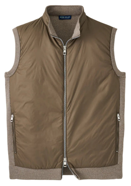 The Peter Millar Holdridge Hybrid Full-Zip Sweater Vest is a sleeveless brown padded vest featuring a stand-up collar, ribbed hem, tailored fit, zippered pockets, and zip front closure.