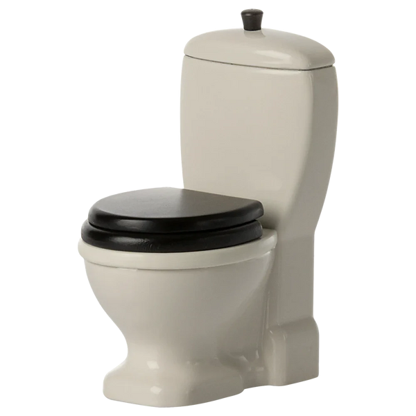 The Maileg Toilet, Mouse by Maileg features a ceramic design with a white bowl and tank, along with a closed black seat and lid, making it the perfect bathroom accessory for your Maileg Mice.