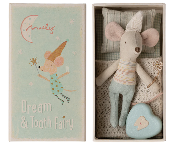 A Maileg Tooth Fairy Mouse, Little Brother in Match Box, lies in a small box next to a heart-shaped tooth box, accompanied by an illustration of the mouse and the text "Dream & Tooth Fairy.