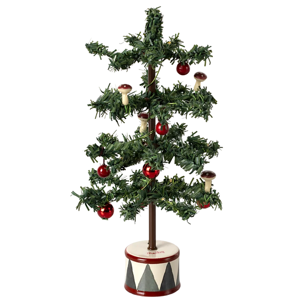 A Maileg Christmas Tree, Mouse, crafted by the Maileg brand, features a round base and is adorned with red baubles, LED bulbs, and candle decorations.