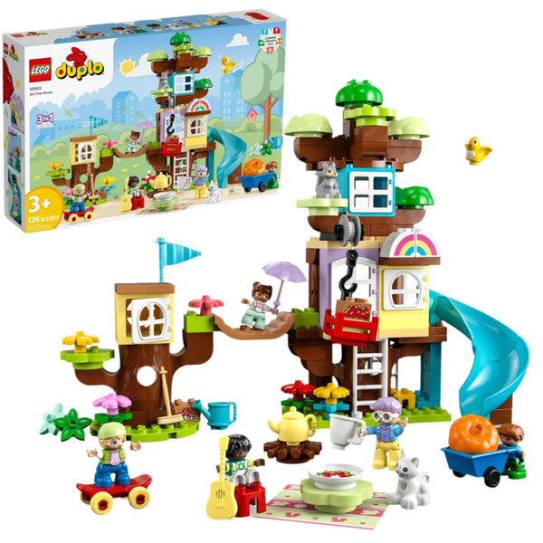 The LEGO® DUPLO® 3in1 Treehouse playset from Legos - Toyhouse boasts an exciting treehouse structure with various figures, a slide, and picnic elements. The box is visible in the background, labeled for ages 3+ with 126 pieces. This building toy set is perfect for young builders to explore and enjoy endless fun.