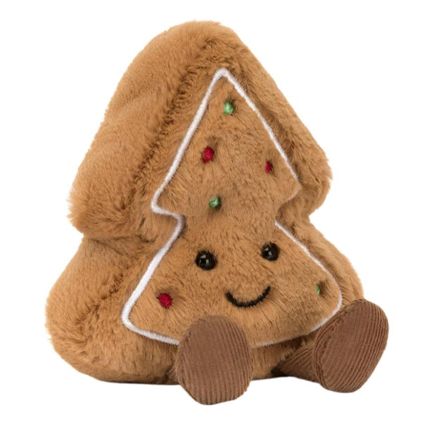 The Jellycat Amuseable Tree Cookie by Jellycat is a plush toy designed to resemble a smiling Christmas tree cookie, featuring small colorful spots and brown limbs, with soft golden fur for added cuddliness.