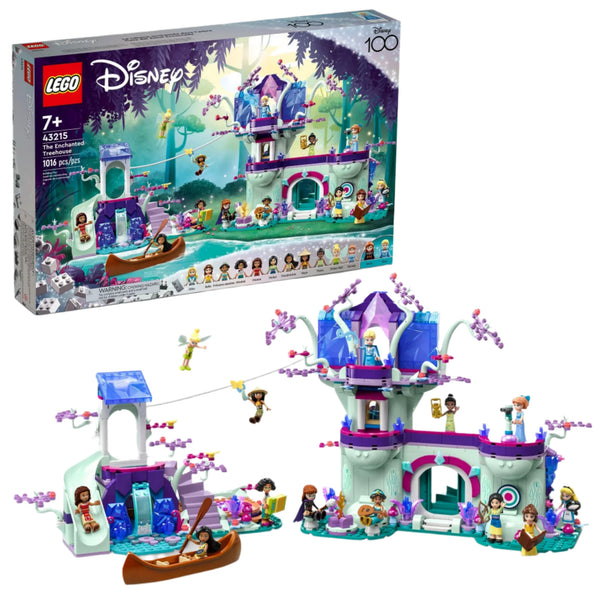 The LEGO® Disney The Enchanted Treehouse from Legos - Toyhouse is a captivating multi-level fantasy castle set featuring characters, boats, and various interactive elements. This set includes 1016 pieces and is suitable for ages 7 and up. Box art shown in background.