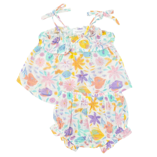 Angel Dear's Ruffle Top & Bloomer is crafted from organic cotton muslin and showcases curated illustrations of multicolored flowers and birds. This floral-patterned infant outfit features charming ruffled straps along with elastic waist and leg openings.