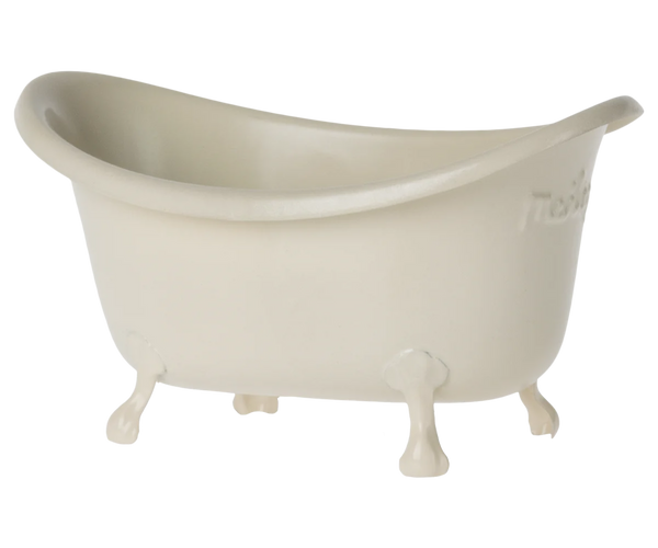 The Maileg Bathtub - Mouse by Maileg, a small, white clawfoot bathtub viewed from a slight angle on its left side, is perfect for Maileg mice and other tiny friends seeking a vintage bathing experience.