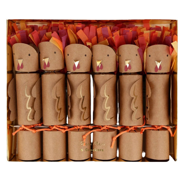 A set of six Meri Meri Turkey Medium Crackers, each featuring brown bodies, orange beaks, and assorted feather decorations—perfect for your Thanksgiving table.