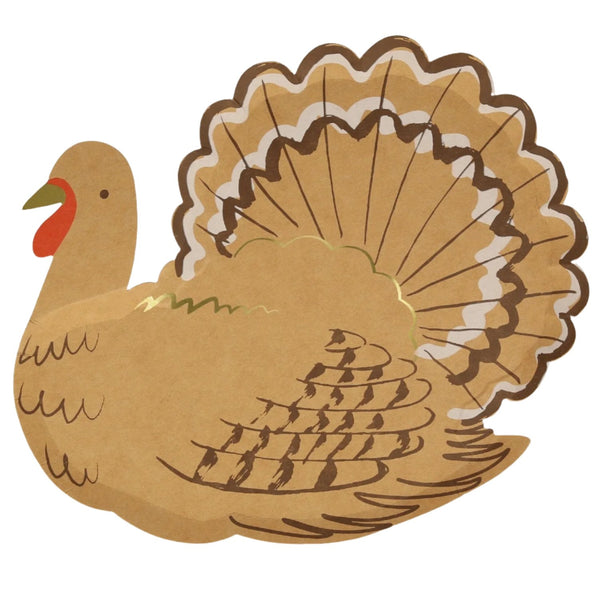 The Meri Meri Turkey Plates feature an illustration of a turkey with a fully fanned tail, drawn in a simplistic and stylized manner using brown tones and highlighted by a red wattle. Perfect for Thanksgiving table decor, these plates are enhanced with subtle gold foil details that add an elegant touch.