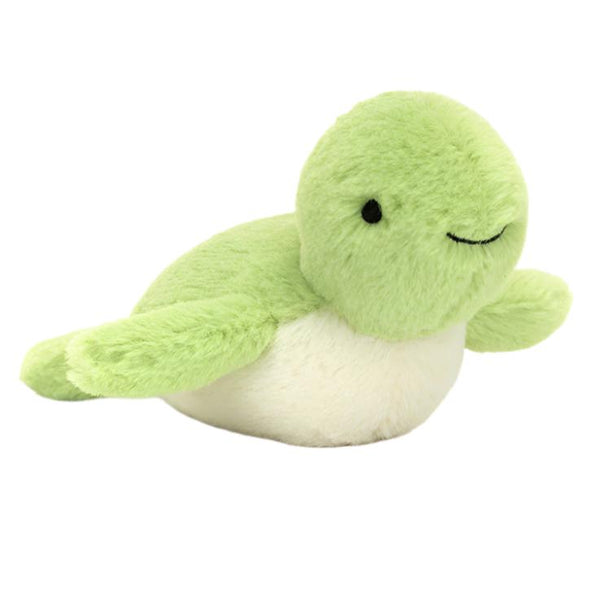 A Jellycat Fluffy Turtle from the Jellycat brand, featuring a small and fluffy design with a light green shell, baby-soft flippers, and a white underside, rests on a pristine surface.