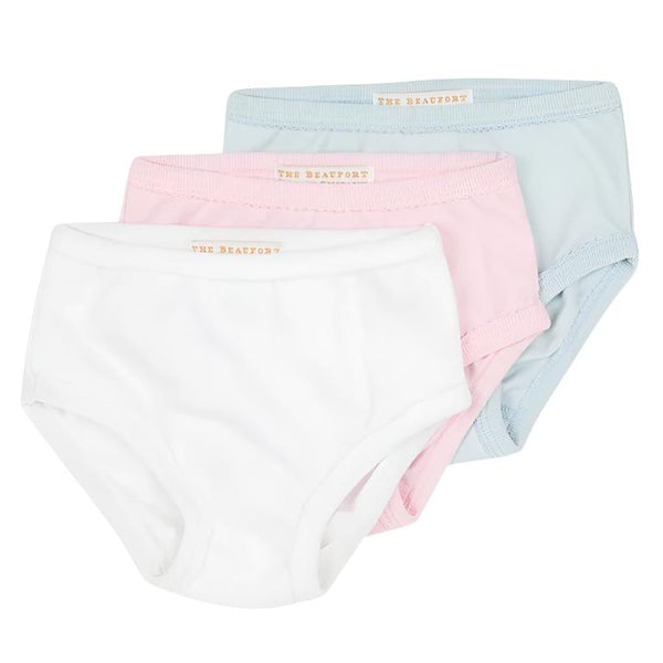 Three pairs of children's underwear in white, pink, and light blue are displayed. These 100% Pima Cotton Knit essentials from The Beaufort Bonnet Company Pippy's Underpinnings ensure comfort and style for your little ones.