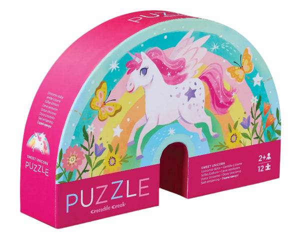 Discover the Crocodile Creek Sweet Unicorn 12 Piece Mini Puzzle, ideal for children aged 2 and above. This vibrant puzzle features a winged unicorn surrounded by butterflies and stars, crafted to boost hand-eye coordination and ignite creativity in young minds.