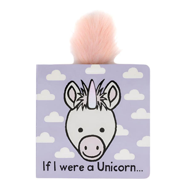 Jellycat's "If I Were a Unicorn" board book showcases a unicorn illustration on its purple cover, complete with clouds and a fluffy pink tail extending from the top, making it perfect for young creative readers ready to embark on a magical adventure.