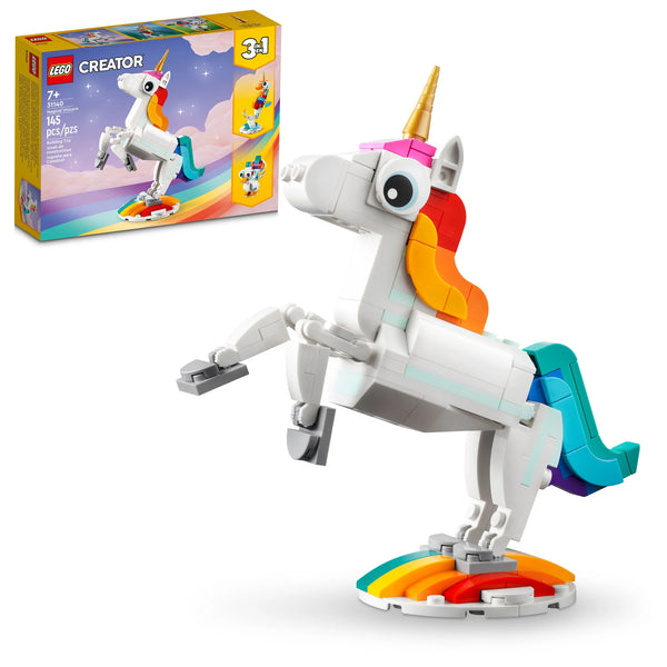 The Legos - Toyhouse LEGO® Creator Magical Unicorn 3-in-1 set includes 145 pieces and is recommended for ages 7 and up. The packaging beautifully highlights the enchanting model with a rainbow-colored stand and a rearing pose.