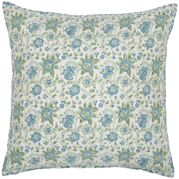 John Robshaw's Suni Decorative Euro pillow features a floral pattern in blue and green on a white background, showcasing an indigo design.