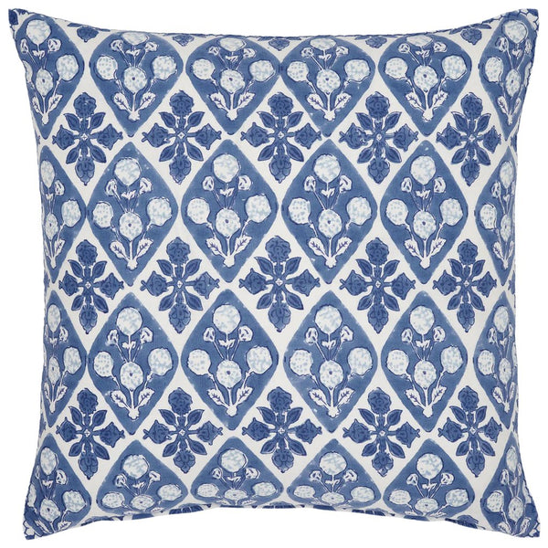 The John Robshaw Sehra Azure Pillow by John Robshaw is a square cushion showcasing a blue and white floral pattern with intricately crafted diamond-shaped flower clusters on linen cotton.