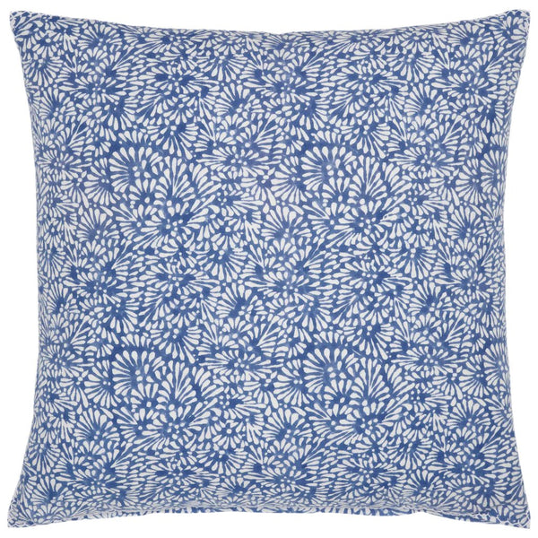 The John Robshaw Kiara Decorative Pillow, designed by John Robshaw, features a square shape crafted from a linen cotton blend. It showcases an elegant hand-printed blue and white floral pattern with repeating blossoms and is complemented by a hidden zipper closure.