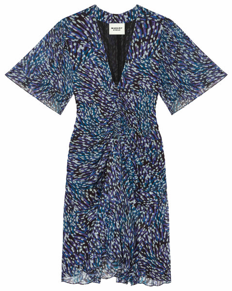 An Isabel Marant Vivienne Dress, a short-sleeved, knee-length dress with a V-neckline and a multicolored speckled pattern in blue, purple, and white. The dress features pleating at the front and boasts a flowing silhouette for added elegance.