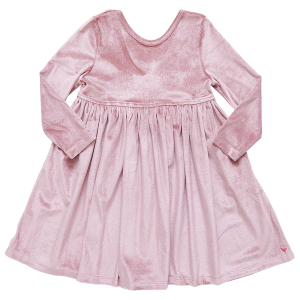 Pink Chicken Girls' Velour Steph Dress: A luxurious long-sleeve pink velvet dress from Pink Chicken, featuring an empire waist and a fully gathered flared skirt, displayed against a plain white background.