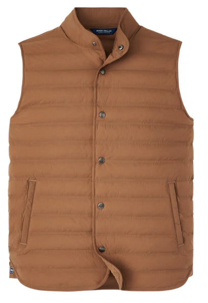 The Peter Millar Regent Vest is a men's brown quilted vest offering a tailored fit, front buttons, and two pockets. It features lightweight insulation for added comfort.