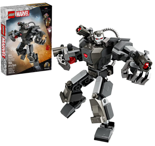 The LEGO® Marvel War Machine Mech Armor set from Legos - Toyhouse features a formidable War Machine Mech, with the box in the background showcasing the same impressive figure. This engaging building toy includes 141 pieces and is designed for ages 6 and up.