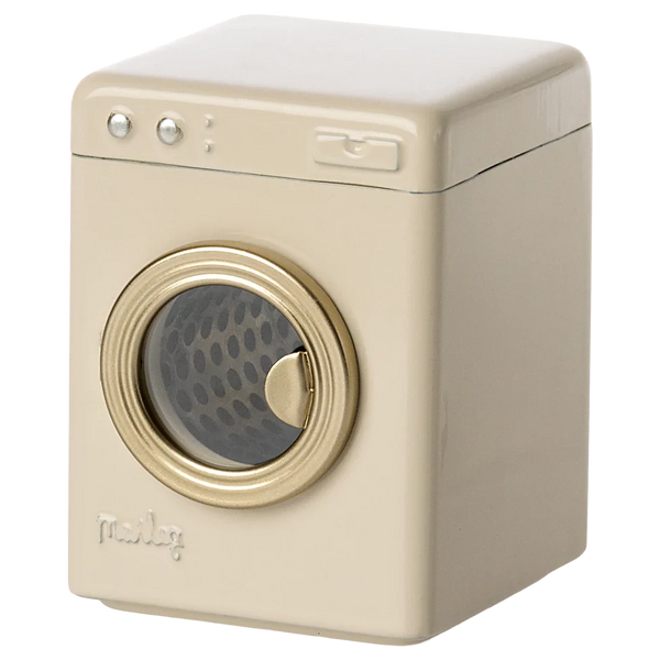 The Maileg Washing Machine, Mouse is a small beige toy appliance with top control buttons and the brand name "Maileg" prominently displayed on the front—ideal for pretend laundry sessions with the mouse family.