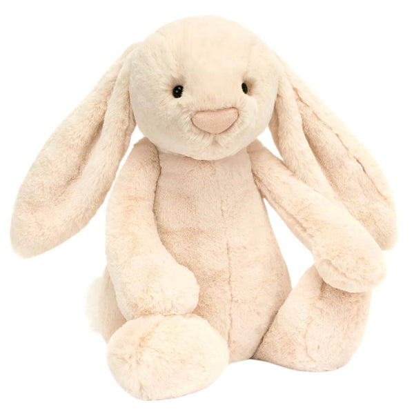 Introducing the Jellycat Luxe Bashful Bunny Willow Huge, a serene and plush companion with long ears and a gentle expression. This charming creation from Jellycat sits gracefully on a white backdrop, bringing tranquility and delight to any setting.