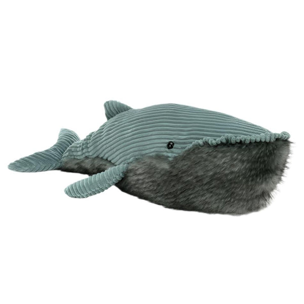 Introducing the Jellycat Wiley Whale, Huge! This plush toy by Jellycat features a textured blue body and a fluffy gray underside, crafted from chunky cord fur. Perfect for cozy cuddles against a white background, it's an ocean celebrity in the making.