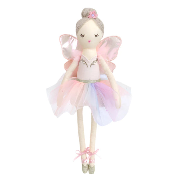 The MON AMI Yara Butterfly Ballerina by Mon Ami is a soft fabric fairy doll featuring pink wings, an embroidered face, and a pastel tulle dress. This exquisite butterfly ballerina doll wears ballet shoes and has a flower adorning its head, making it ideal for imaginative play.