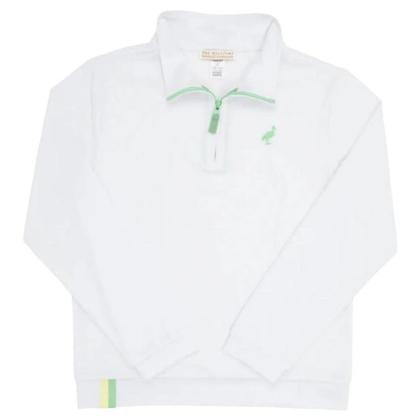 Here is the revised sentence using the provided product data:

The Beaufort Bonnet Company Prepletica Hayword Half Zip is a white long-sleeve pullover featuring a green zipper, a small green flamingo logo on the left chest, and made from Prepletic™ performance fabric. It also has a small yellow and green stripe at the bottom hem.